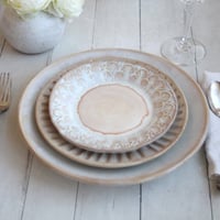 Image 10 of Rustic White and Ocher Handmade Stoneware, Three Pieces, Made in USA