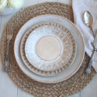 Image 12 of Rustic White and Ocher Handmade Stoneware, Three Pieces, Made in USA