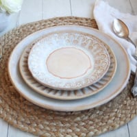 Image 3 of Rustic White and Ocher Handmade Stoneware, Three Pieces, Made in USA