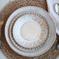Image 16 of Rustic White and Ocher Handmade Stoneware, Three Pieces, Made in USA