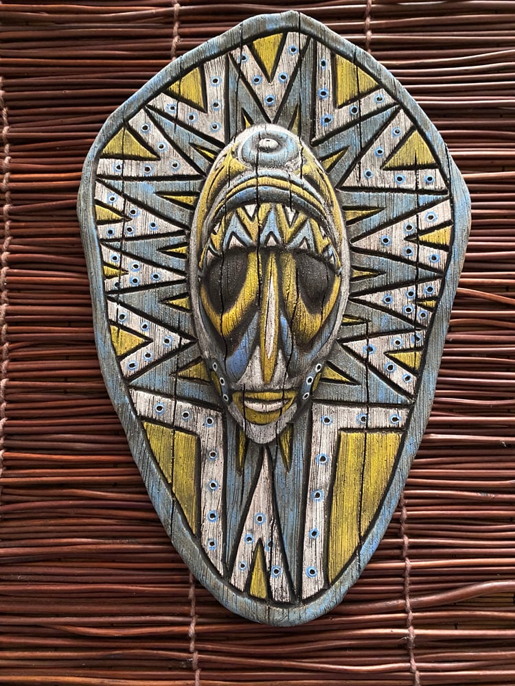 Image of 10.5 x 7” Handbuilt PNG Inspired Wall Mask - Blue-Turq/Yellow/White - US Shipping Included 