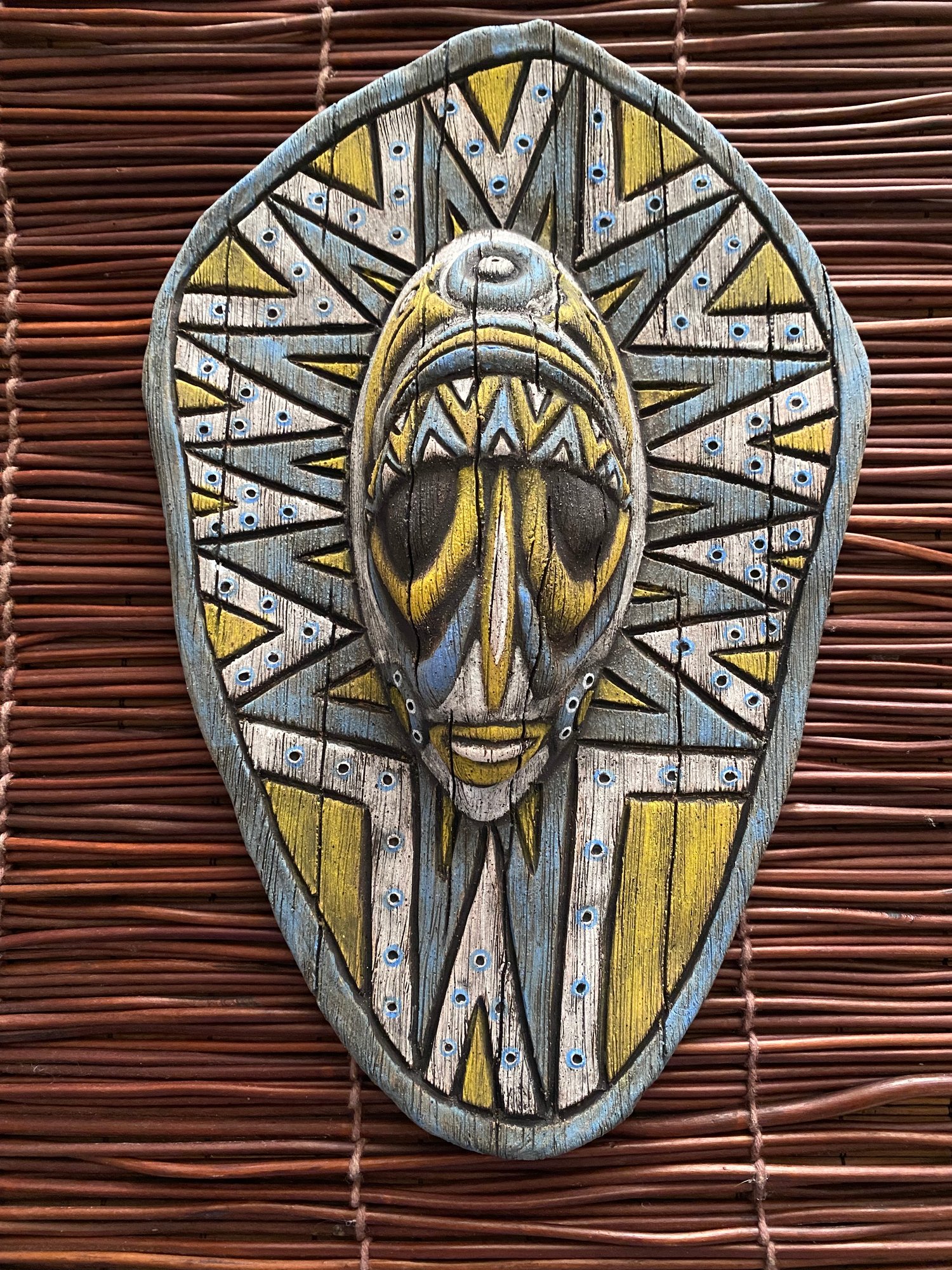 Image of 10.5 x 7” Handbuilt PNG Inspired Wall Mask - Blue-Turq/Yellow/White - US Shipping Included 