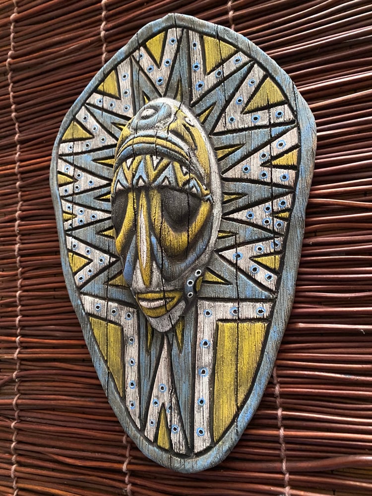 Image of 10.5 x 7” Handbuilt PNG Inspired Wall Mask - Blue-Turq/Yellow/White - US Shipping Included 