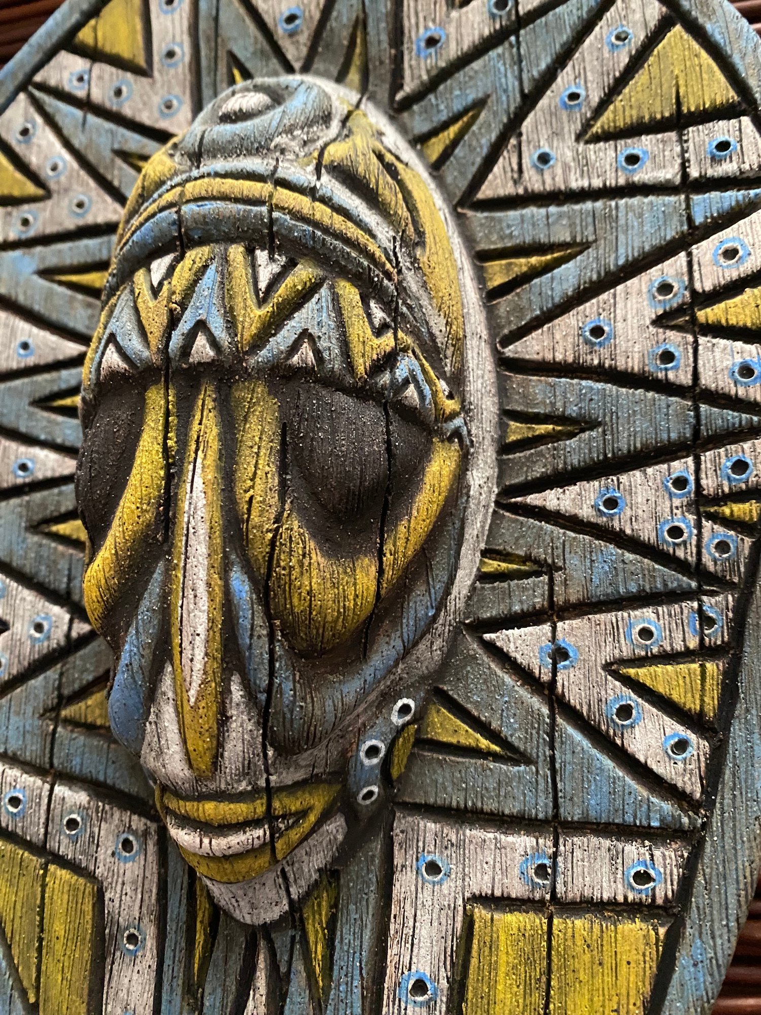 Image of 10.5 x 7” Handbuilt PNG Inspired Wall Mask - Blue-Turq/Yellow/White - US Shipping Included 