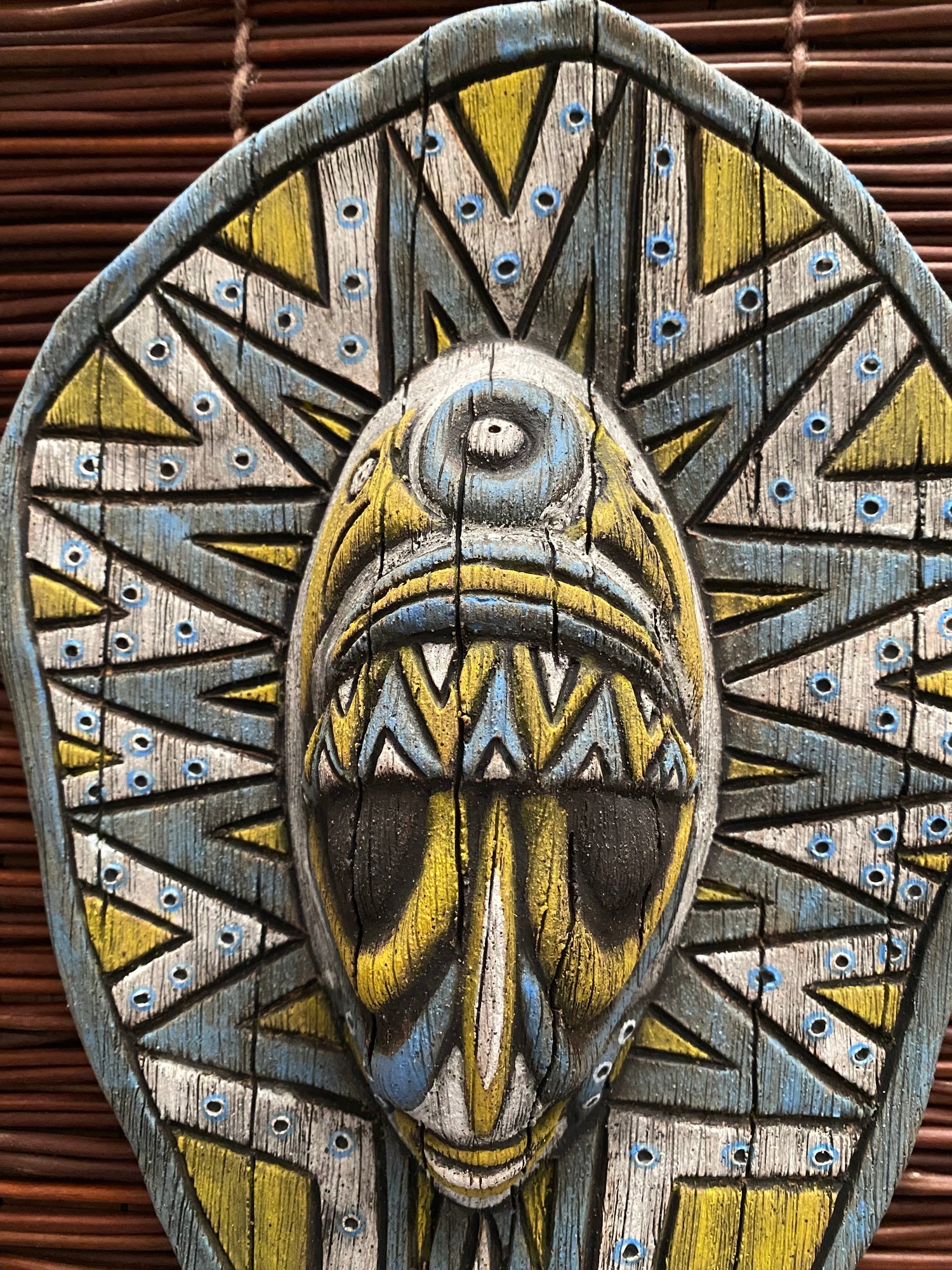 Image of 10.5 x 7” Handbuilt PNG Inspired Wall Mask - Blue-Turq/Yellow/White - US Shipping Included 