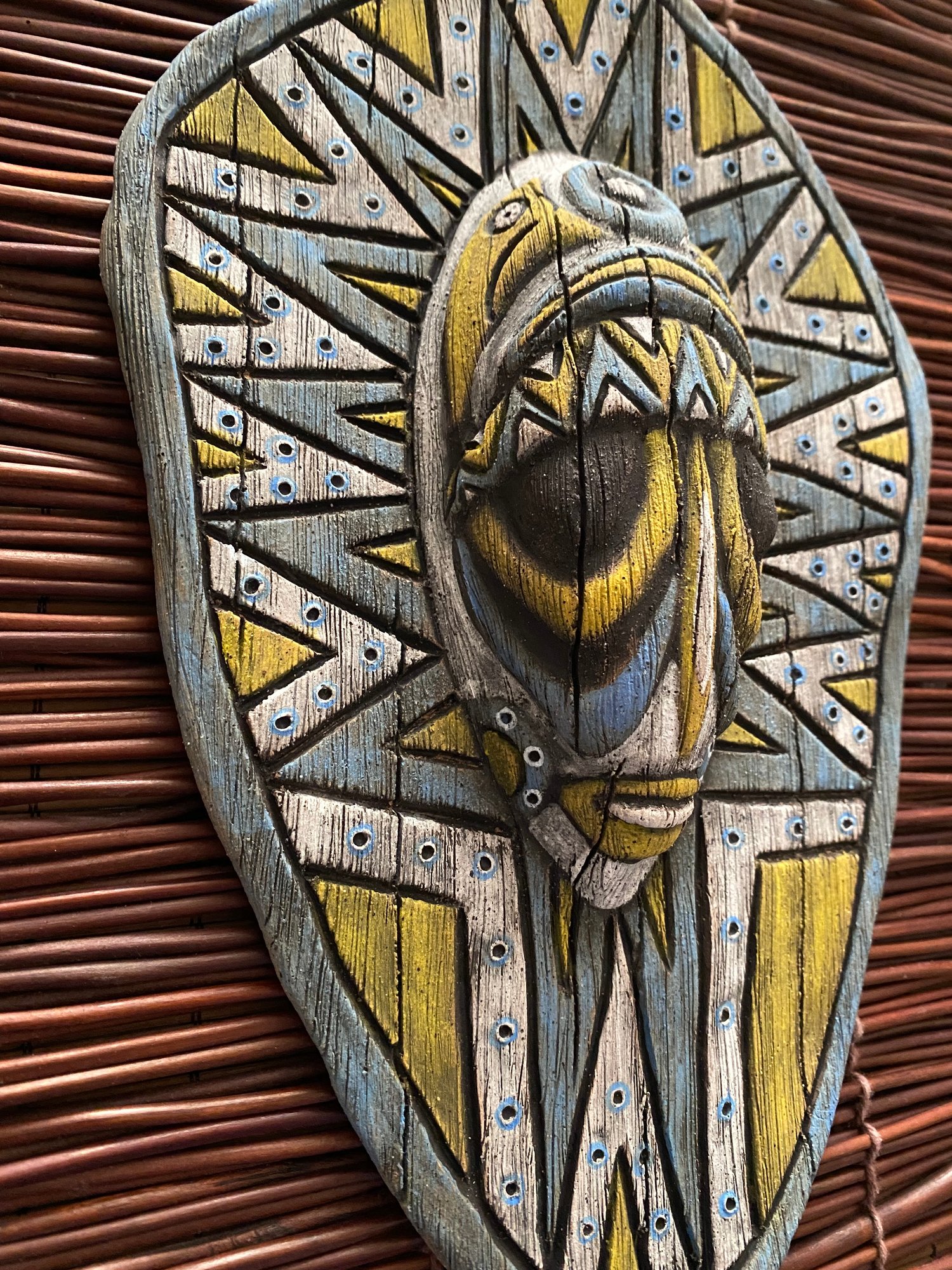 Image of 10.5 x 7” Handbuilt PNG Inspired Wall Mask - Blue-Turq/Yellow/White - US Shipping Included 
