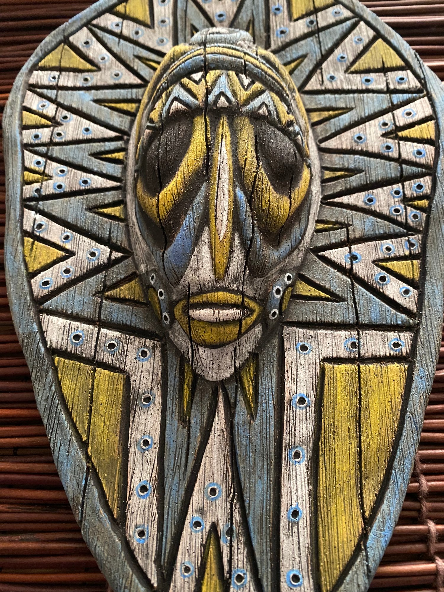 Image of 10.5 x 7” Handbuilt PNG Inspired Wall Mask - Blue-Turq/Yellow/White - US Shipping Included 