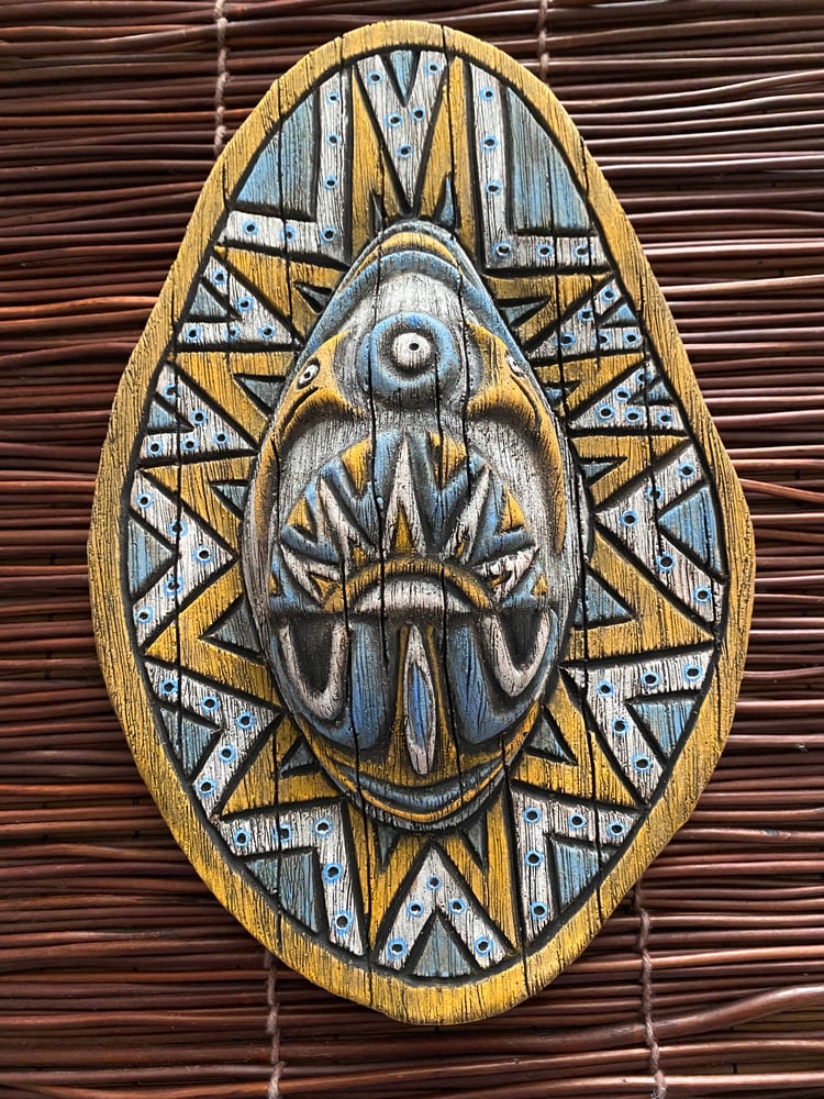 Image of 10” x 6.75” Handbuilt PNG Inspired Wall Mask - Blue/Orange/White - US Shipping Included 