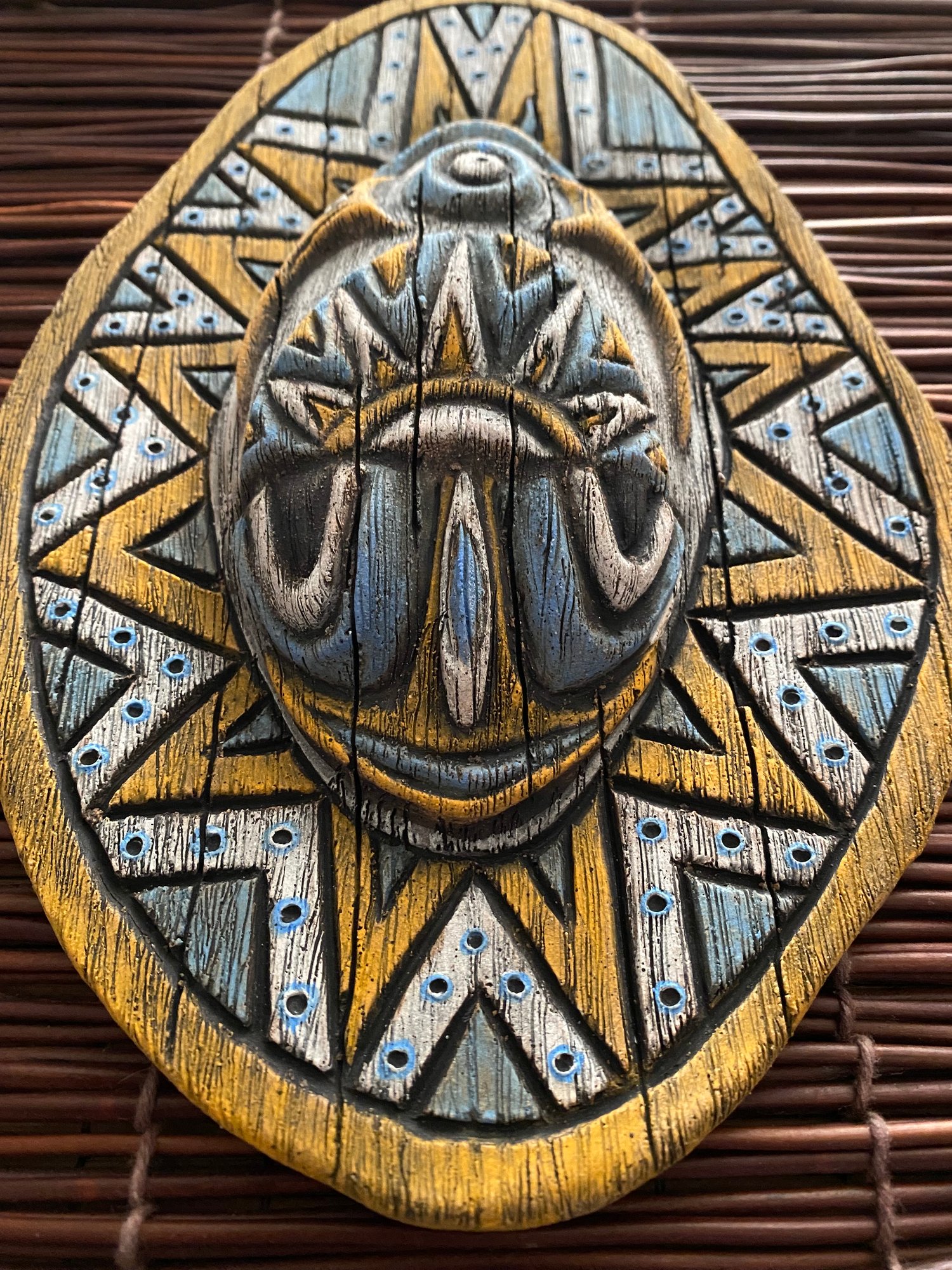 Image of 10” x 6.75” Handbuilt PNG Inspired Wall Mask - Blue/Orange/White - US Shipping Included 