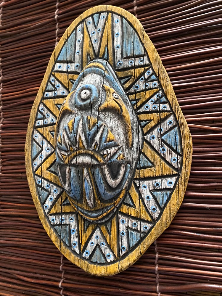 Image of 10” x 6.75” Handbuilt PNG Inspired Wall Mask - Blue/Orange/White - US Shipping Included 