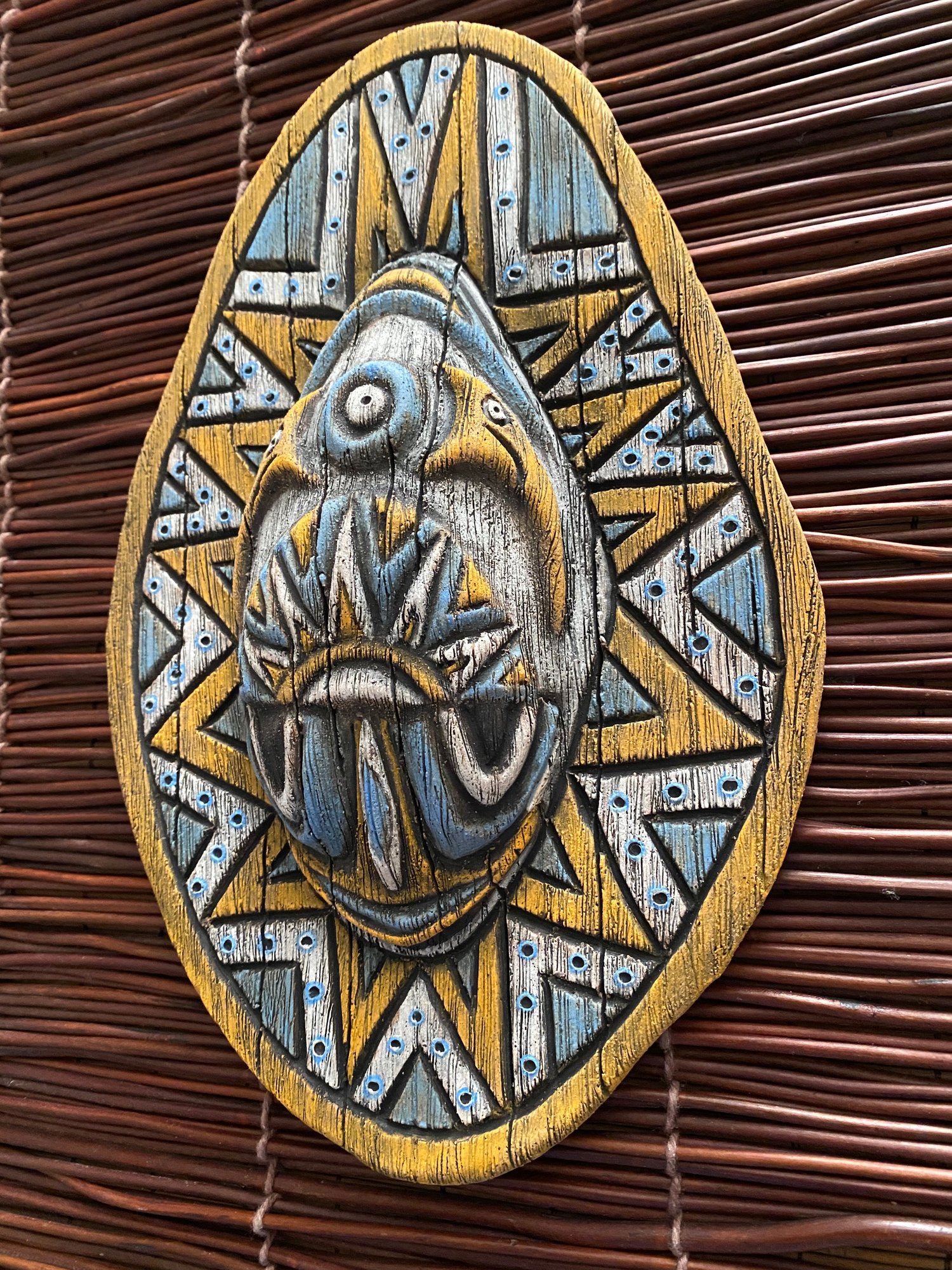 Image of 10” x 6.75” Handbuilt PNG Inspired Wall Mask - Blue/Orange/White - US Shipping Included 