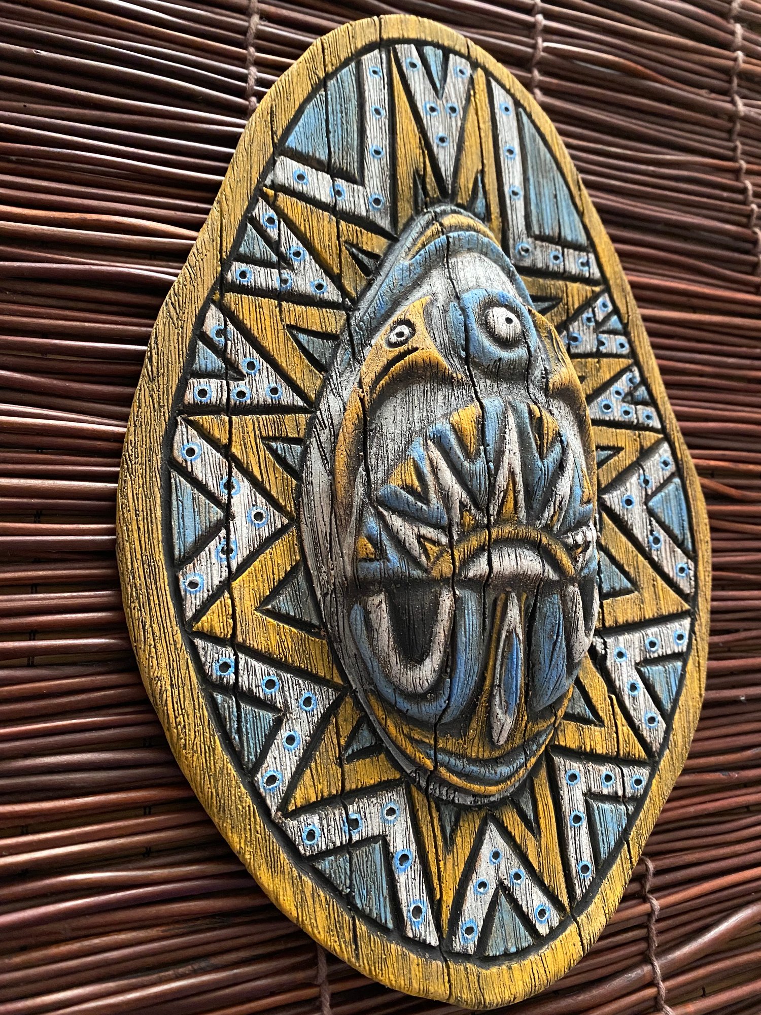 Image of 10” x 6.75” Handbuilt PNG Inspired Wall Mask - Blue/Orange/White - US Shipping Included 