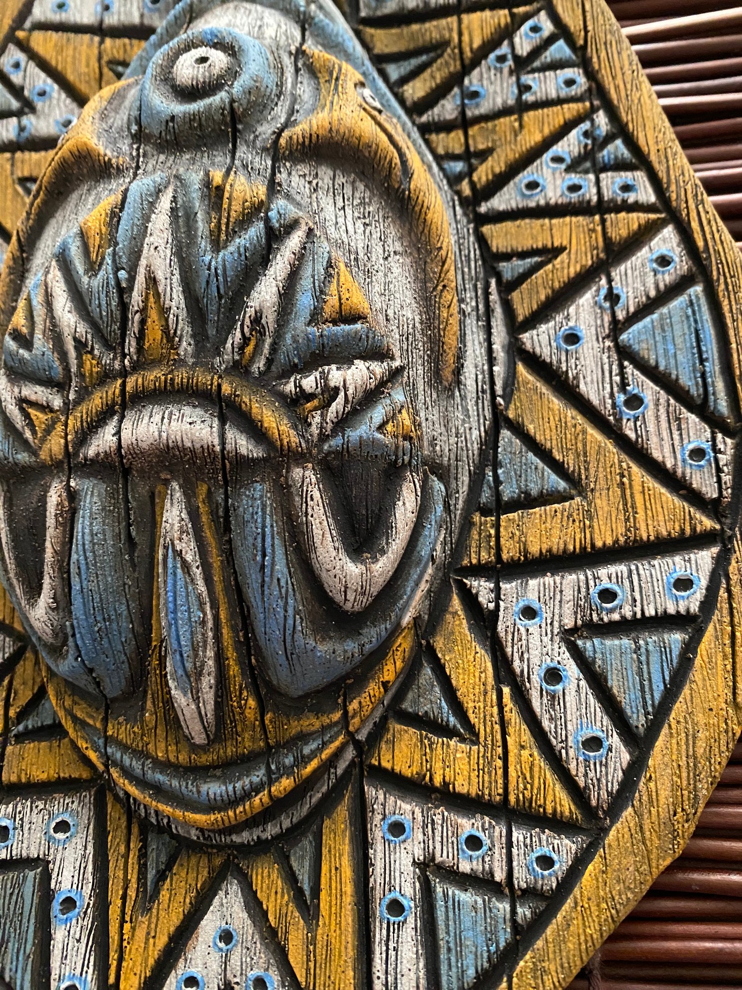 Image of 10” x 6.75” Handbuilt PNG Inspired Wall Mask - Blue/Orange/White - US Shipping Included 