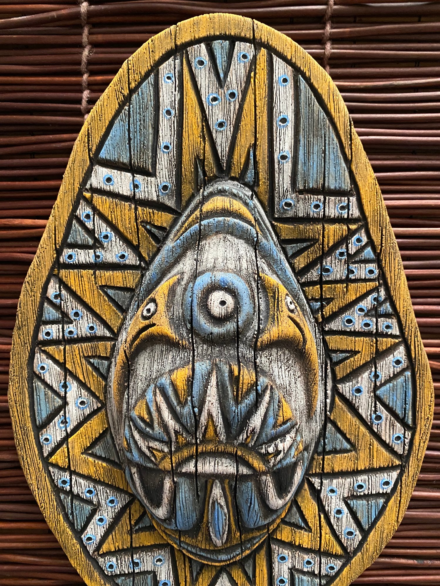 Image of 10” x 6.75” Handbuilt PNG Inspired Wall Mask - Blue/Orange/White - US Shipping Included 