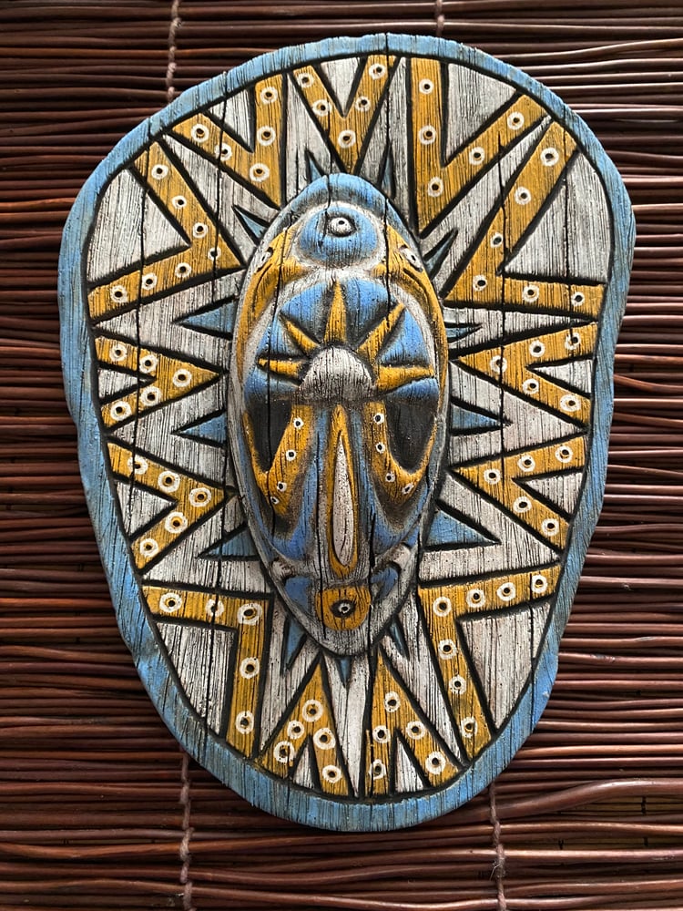Image of 9.75” x 7.5” Handbuilt PNG Inspired Wall Mask - Blue/Orange/White - US Shipping Included 
