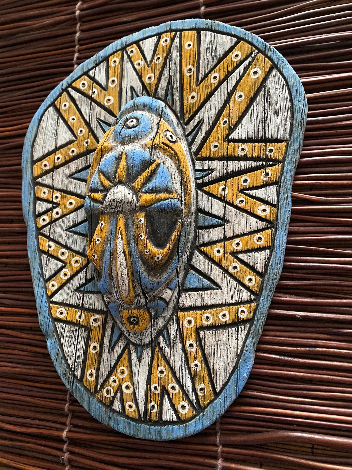 Image of 9.75” x 7.5” Handbuilt PNG Inspired Wall Mask - Blue/Orange/White - US Shipping Included 