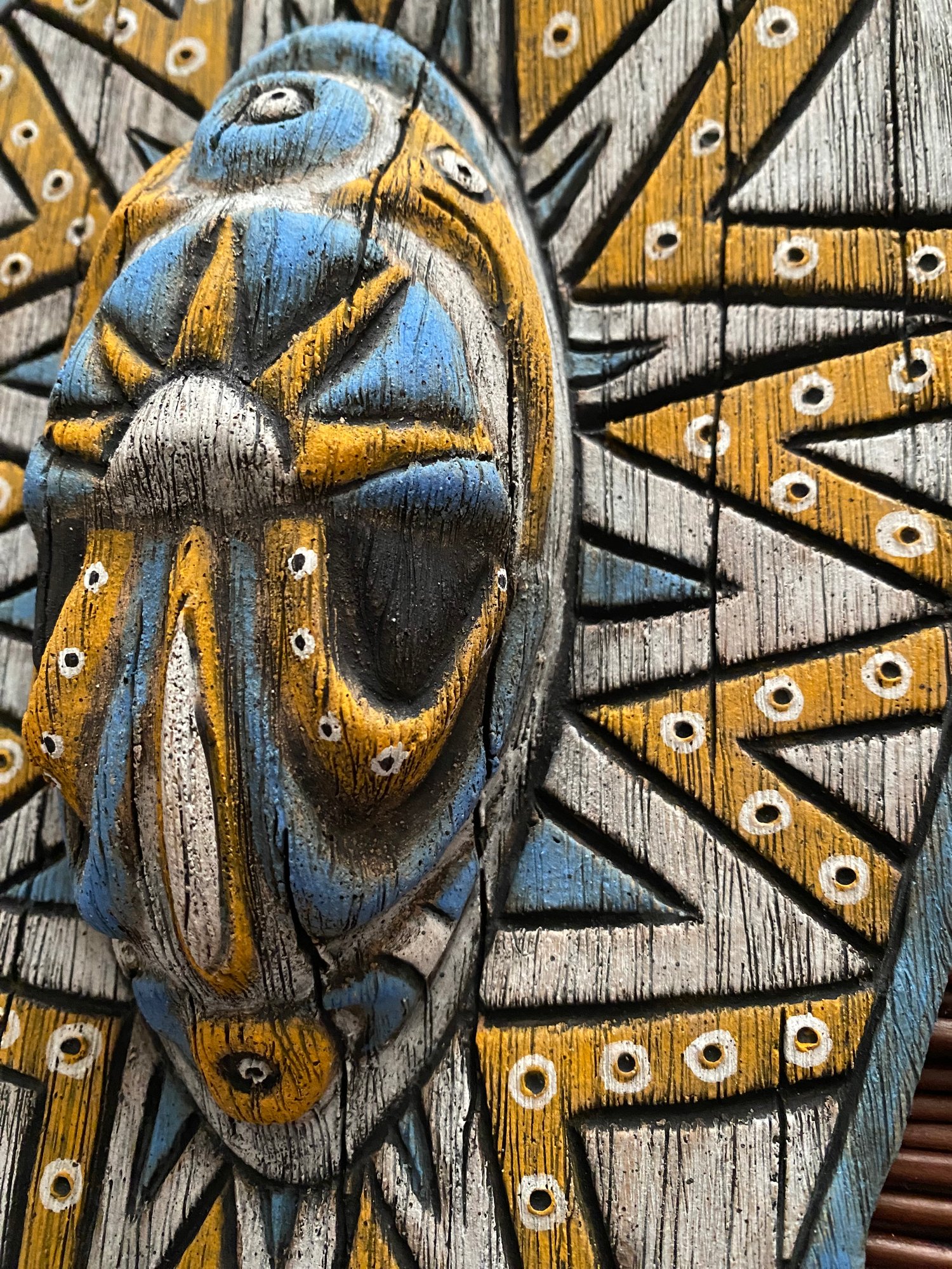 Image of 9.75” x 7.5” Handbuilt PNG Inspired Wall Mask - Blue/Orange/White - US Shipping Included 