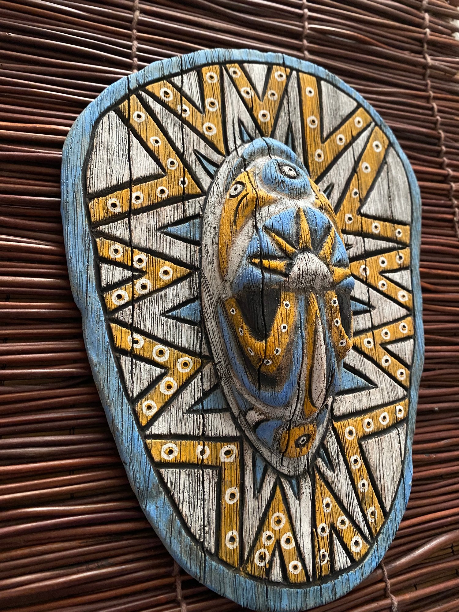 Image of 9.75” x 7.5” Handbuilt PNG Inspired Wall Mask - Blue/Orange/White - US Shipping Included 