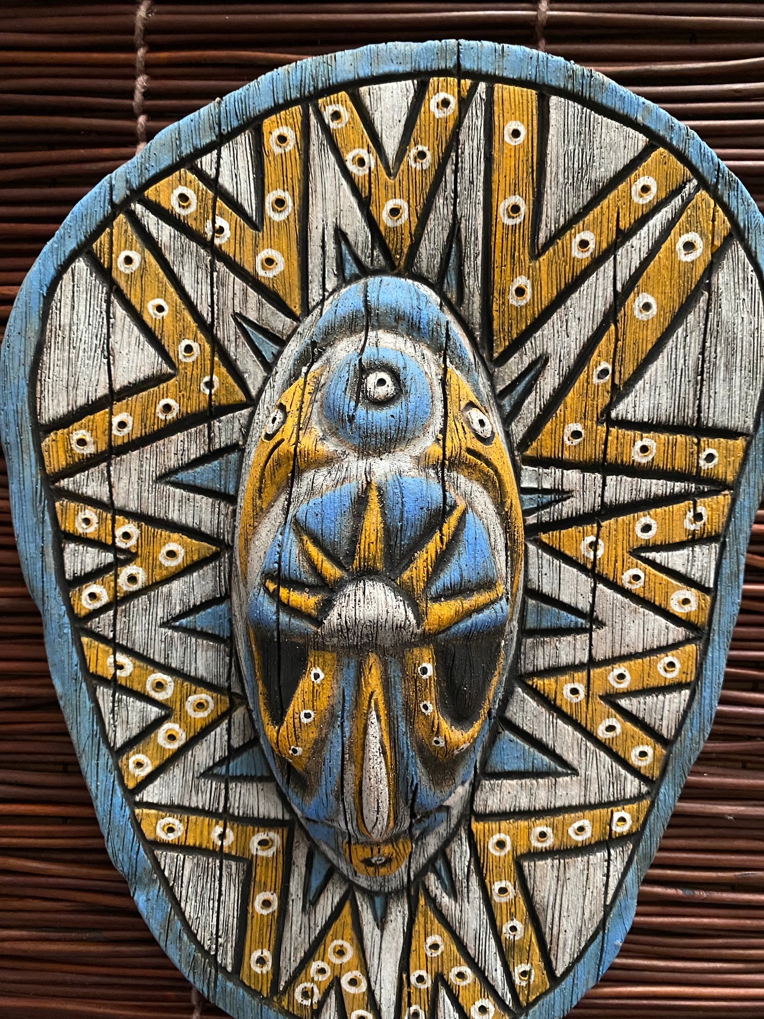 Image of 9.75” x 7.5” Handbuilt PNG Inspired Wall Mask - Blue/Orange/White - US Shipping Included 
