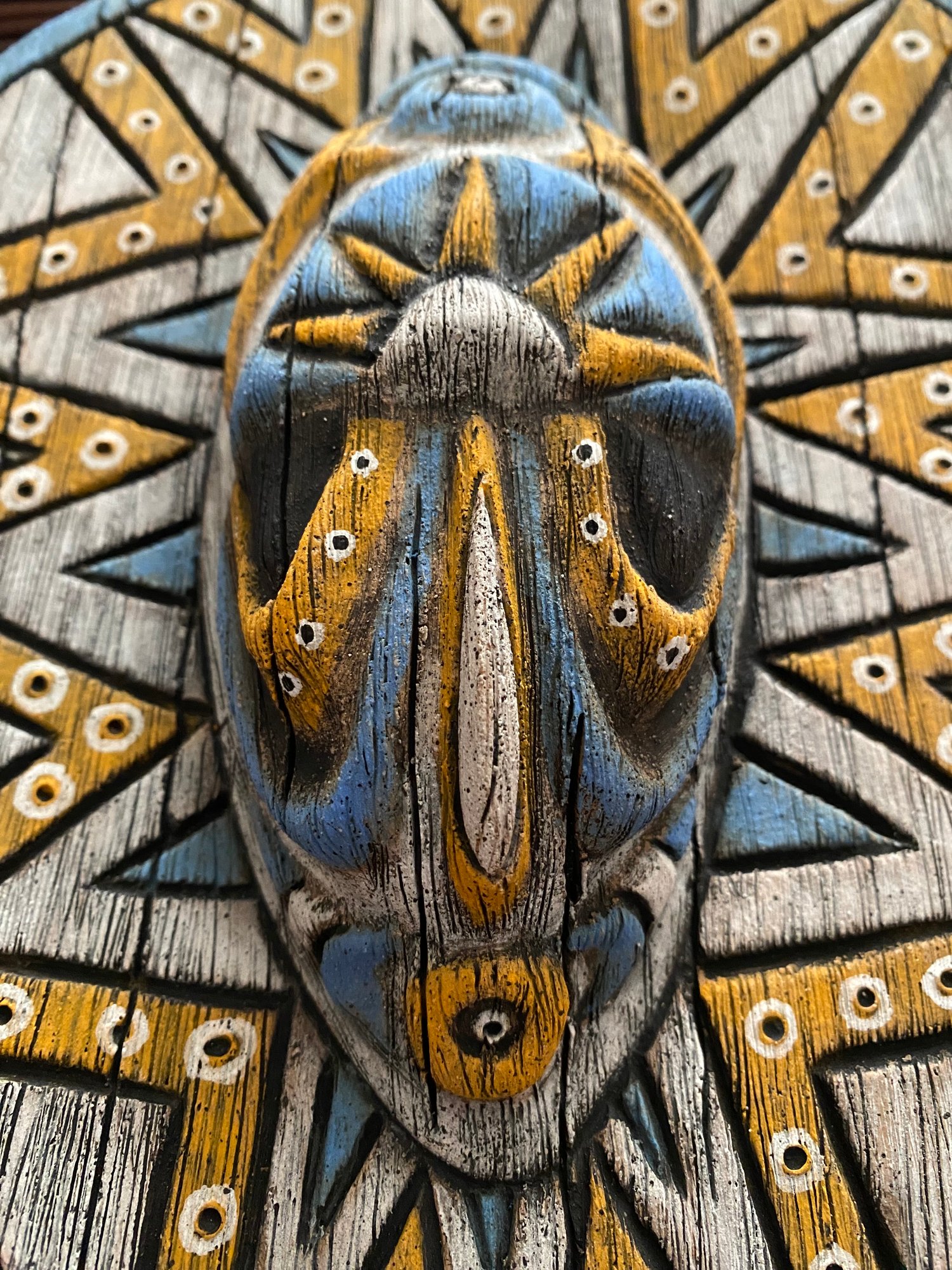 Image of 9.75” x 7.5” Handbuilt PNG Inspired Wall Mask - Blue/Orange/White - US Shipping Included 