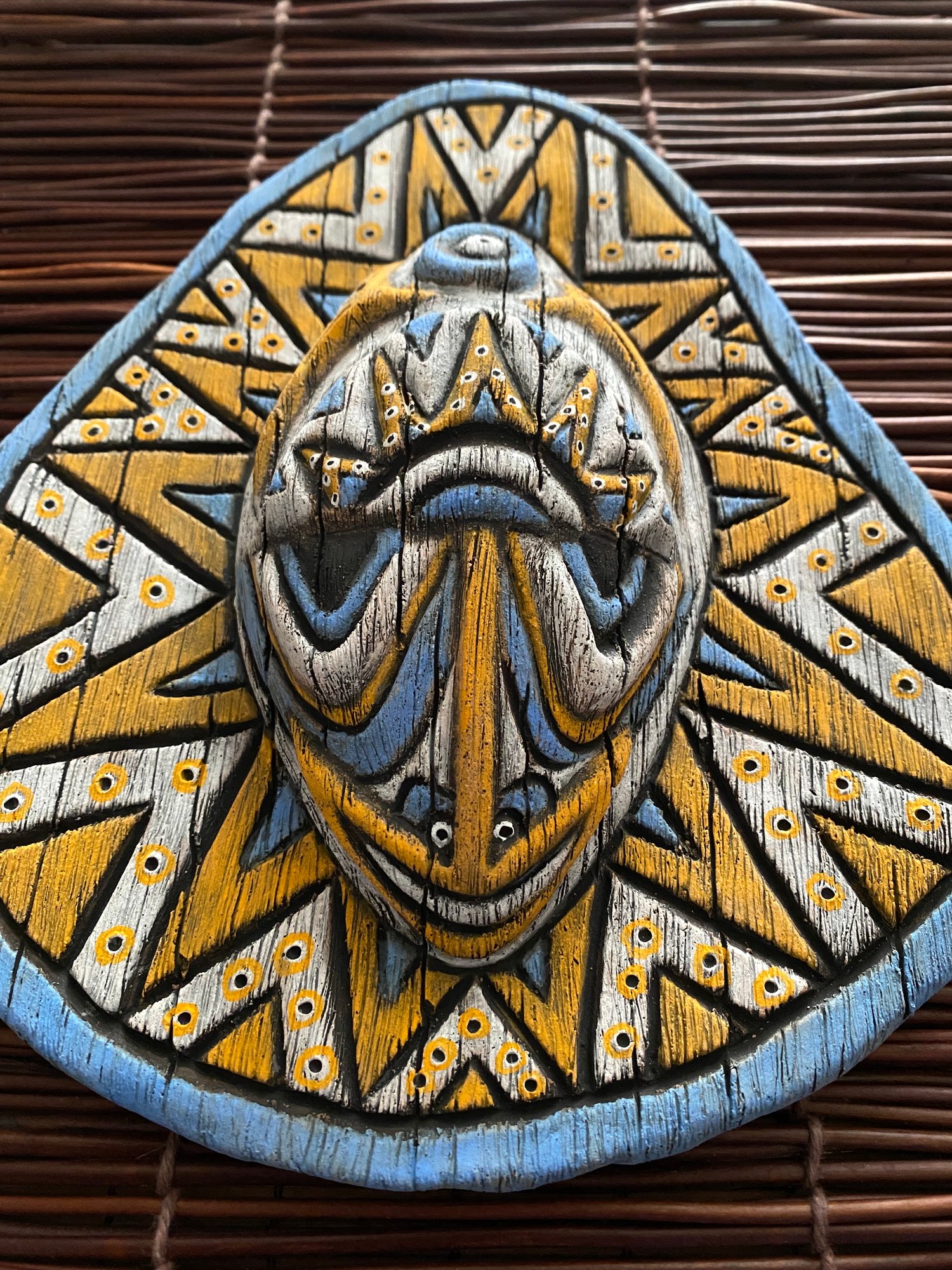 Image of 8.75” x 7.75” Handbuilt PNG Inspired Wall Mask - Blue/Orange/White - US Shipping Included 
