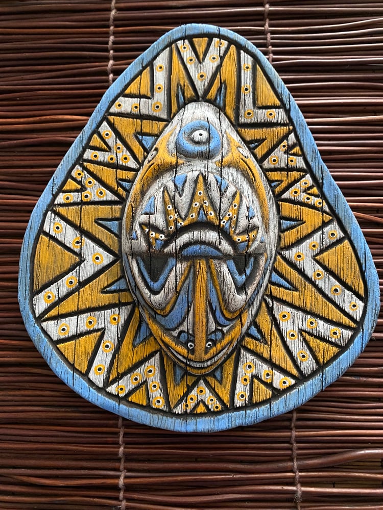 Image of 8.75” x 7.75” Handbuilt PNG Inspired Wall Mask - Blue/Orange/White - US Shipping Included 