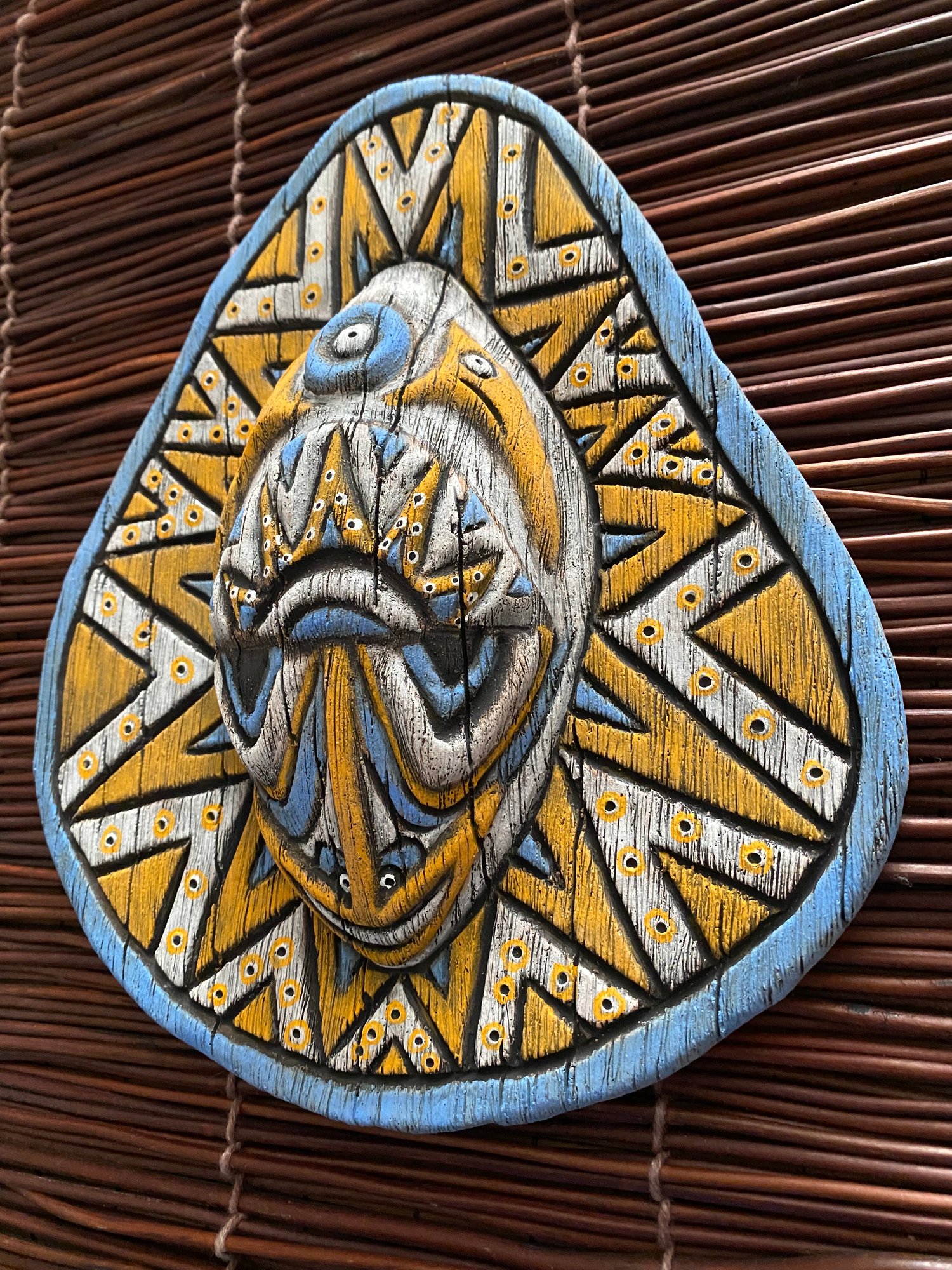Image of 8.75” x 7.75” Handbuilt PNG Inspired Wall Mask - Blue/Orange/White - US Shipping Included 