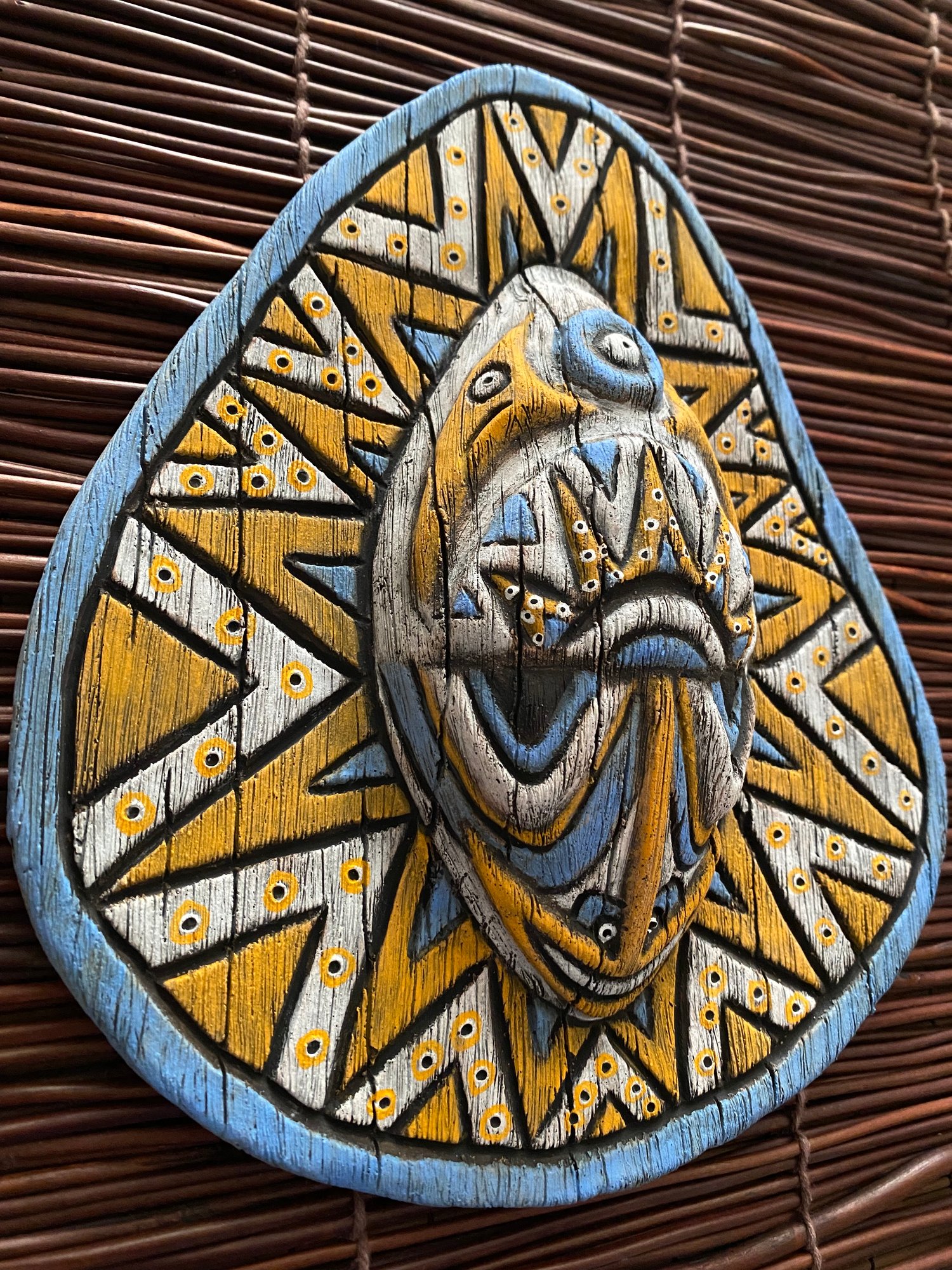 Image of 8.75” x 7.75” Handbuilt PNG Inspired Wall Mask - Blue/Orange/White - US Shipping Included 