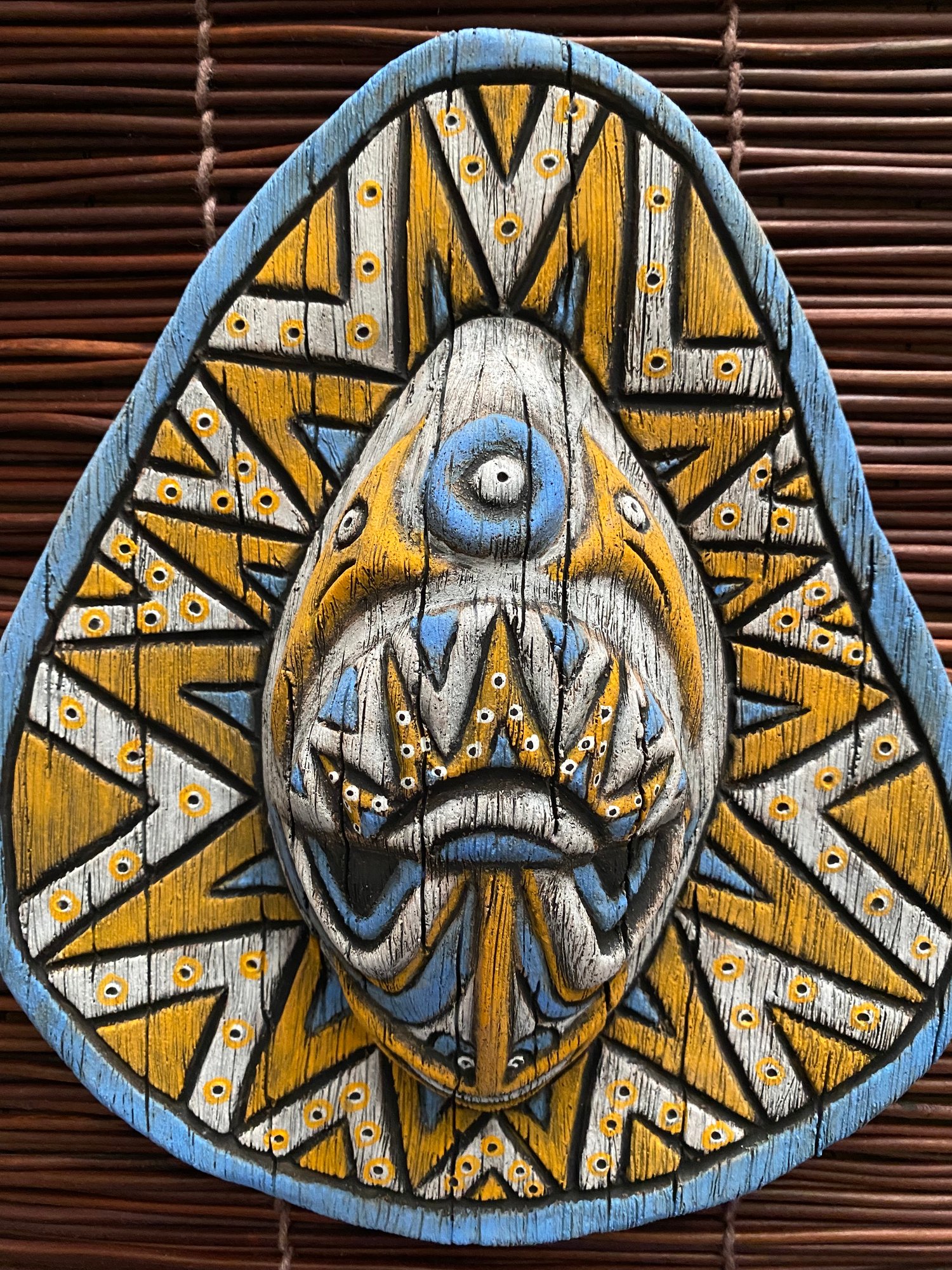 Image of 8.75” x 7.75” Handbuilt PNG Inspired Wall Mask - Blue/Orange/White - US Shipping Included 