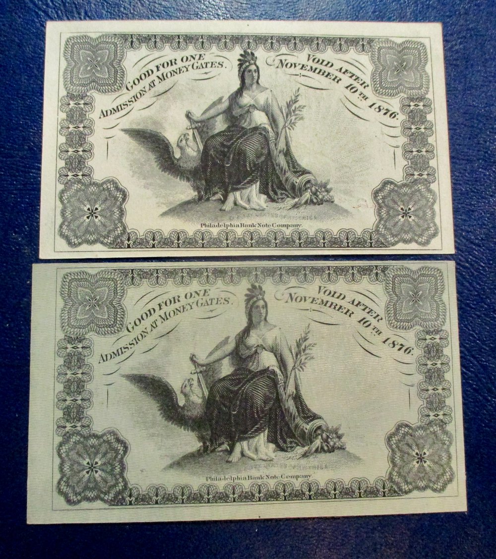 VERY NICE PAIR OF 1876 U.S. CENTENNIAL ADMISSION TICKETS, EACH A DIFFERENT TYPE