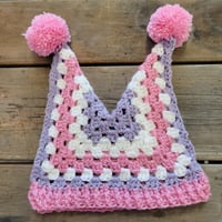 Pink Purple White Jester Hat with Pompoms