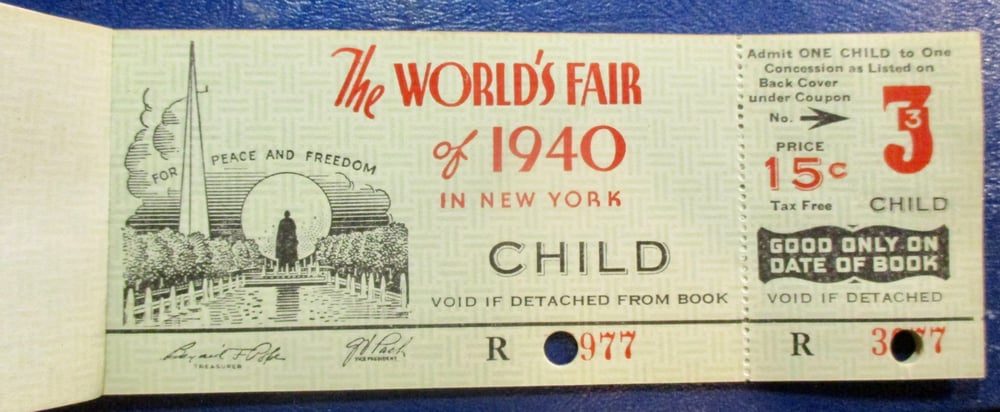 1939-40 NEW YORK WORLD'S FAIR BOOK OF 10 ADMISSIONS FOR 10-YEAR-OLD & SECOND NYWF CHILD'S TICKETBOOK