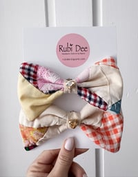 Image 1 of Upcycled Quilt Multi-Use Bow Clips with Rhinestones 