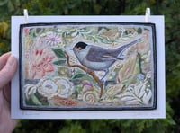Image 1 of Blackcap in the Hedge - embroidery hanging