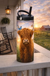 Image 1 of Highland Cow with Butterflys Tumbler/Water Bottle