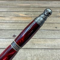 Image 7 of Handmade Pirate Skull Ballpoint Pen in Red with Antique Brass 