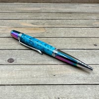 Image 2 of Prismatic Oil Spill Ballpoint Pen with Teal Dyed Boxelder Burl