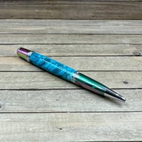 Image 3 of Prismatic Oil Spill Ballpoint Pen with Teal Dyed Boxelder Burl