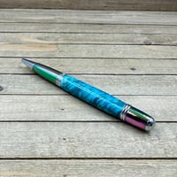 Image 8 of Prismatic Oil Spill Ballpoint Pen with Teal Dyed Boxelder Burl