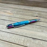 Image 9 of Prismatic Oil Spill Ballpoint Pen with Teal Dyed Boxelder Burl