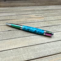 Image 10 of Prismatic Oil Spill Ballpoint Pen with Teal Dyed Boxelder Burl