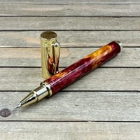 Image 1 of Handmade Magnetic Cap Rollerball Pen: Red & Gold Resin, Gold Hardware