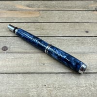 Image 7 of Chrome Plainsman Style Rollerball Pen: Navy Blue and Storm Gray Resin Swirls