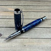 Image 10 of Chrome Plainsman Style Rollerball Pen: Navy Blue and Storm Gray Resin Swirls