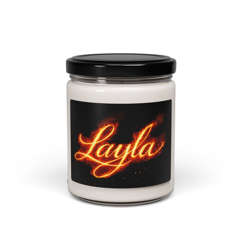 Image of Personalized 'Layla' Scented Soy Candle — 9oz Decorative Jar Candle with Fiery Script Label