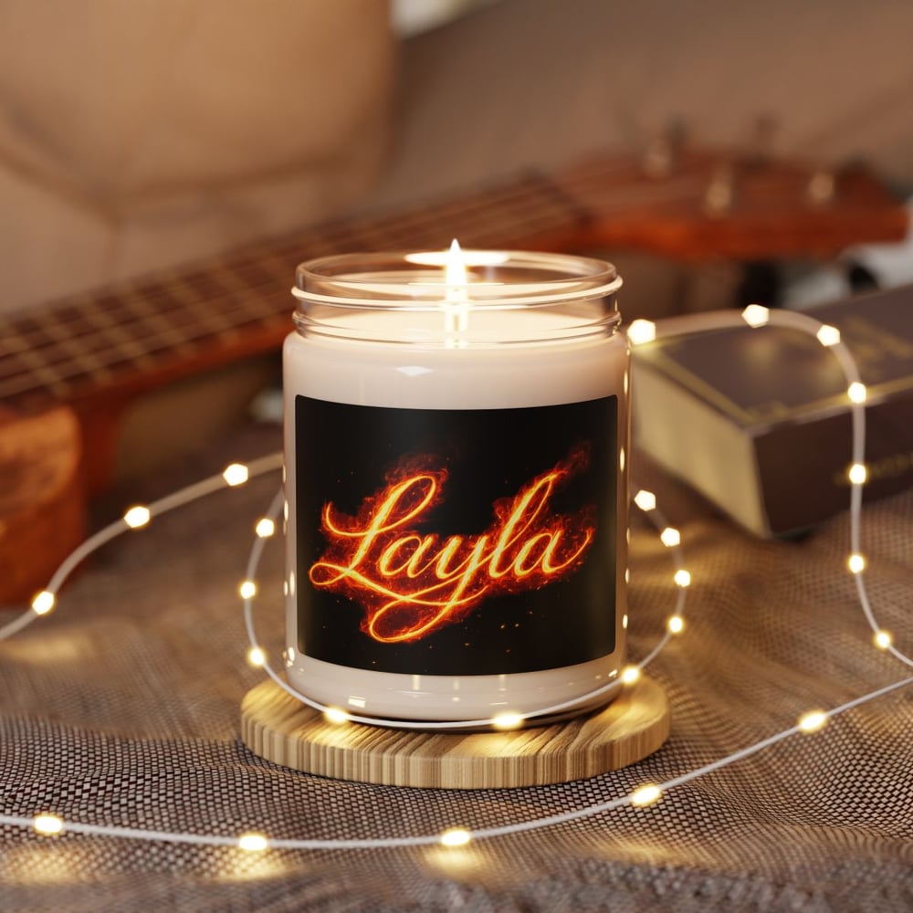 Image of Personalized 'Layla' Scented Soy Candle — 9oz Decorative Jar Candle with Fiery Script Label