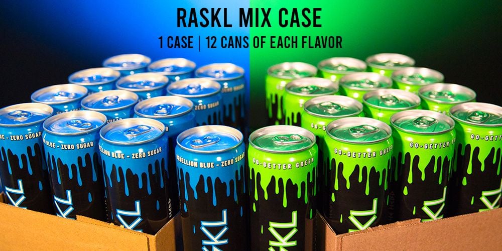 RASKL Energy Drink Blue and Green (Case of 24- 12 Blue/12 Green or All One Flavor)
