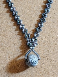 Image 3 of PEM-083 | Blue Gray Planet Necklace | Handmade Necklace with Textured Glass Pendant