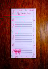 Image 1 of Handmade Whimsical Reminders Notepad, notes, lined, pink, bows, gift, pad, list, stationery