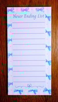 Image 1 of Handmade The Neverending List Notepad, blue, bows, lined, gift, to do, notes, pad, stationery